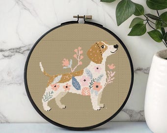 Cute Dog With Flower Cross Stitch Pattern PDF - Instant Download, Floral Dog Embroidery, Tiny easy cute animal, Cute Dog Pet Animal Pattern