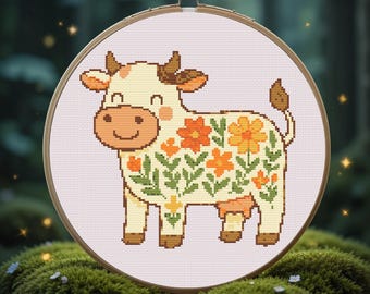 Cow and the Flowers Cross Stitch Pattern PDF, Cow Cross Stitch, Xstitch pattern PDF, Cozy Tiny Cow, Animals Cross stitch Pattern