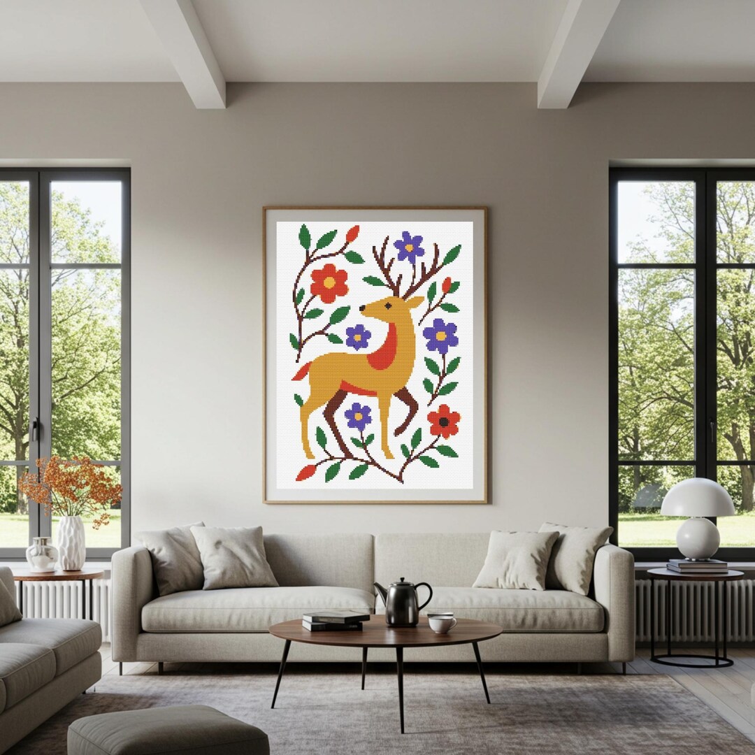 Folk Floral Deer Cross Stitch Pattern PDF | Scandinavian Folk Animal ...