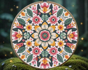 Blooming Harmony Mandala Cross Stitch Pattern – Floral Embroidery PDF – Floral Mandala Cross Stitch Pattern – Boho Embroidery PDF