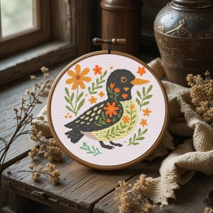 Duck with Flowers Cross Stitch Pattern PDF - Instant Download, Floral Duck Embroidery, Tiny Duck easy cute animal, Cute Duck Woodland Animal