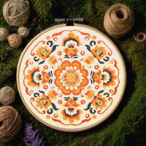 Fiery Blossom Mandala Cross Stitch Pattern – Boho Floral Embroidery PDF – Floral Mandala Cross Stitch Pattern – Floral Mandala XStitch PDF