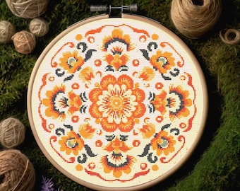 Fiery Blossom Mandala Cross Stitch Pattern – Boho Floral Embroidery PDF – Floral Mandala Cross Stitch Pattern – Floral Mandala XStitch PDF