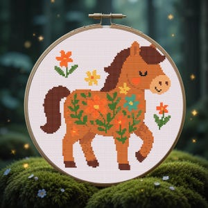かわいい花と馬のクロスステッチパターンPDF - かわいい動物のクロスステッチパターン赤ちゃんのためのクロスステッチ、簡単なクロスステッチ、かわいいステッチパターン