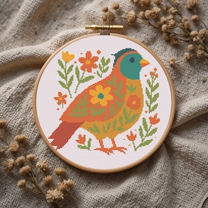 Cute Quail with Flowers Cross Stitch Pattern PDF - Instant Download Sweet Quail Embroidery, Cute Bird pattern, Cute Animals Pattern