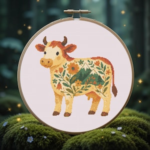 Cow with Landscape Cross Stitch Pattern PDF, Cow Cross Stitch, Xstitch pattern PDF, Cozy Tiny Cow, Animals Cross stitch Pattern