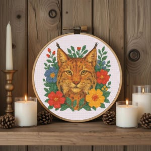 Lynx and the Flowers Cross Stitch Pattern PDF, Lynx  Cross Stitch, Xstitch pattern PDF, Cozy Tiny Lynx, Cute Animals Cross stitch Pattern