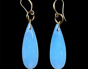 Teardrop Opalite Earrings: Raw Brass, 2" Long