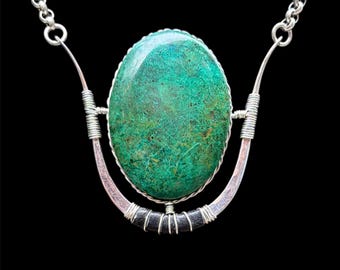 Chrysocolla Hathor Talisman in sterling silver on a thick chain