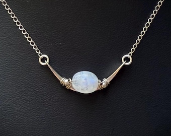 Small Sterling Silver Rainbow Moonstone Crescent Moon Talisman