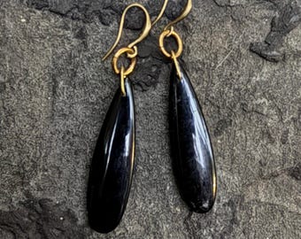 Teardrop Obsidian Earrings: Raw Brass, 2.5" Long