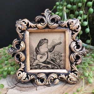 Frog Print in Baroque Frame - Cute Frog Playing Banjo Art in Mini Fancy Frame