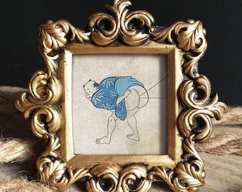 Vintage Japanese Fart Print in Baroque Gold Frame - Antique Woodcut Reproduction Print Framed