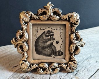 Raccoon Print in Baroque Frame - Vintage Style Art in Mini Baroque Frame