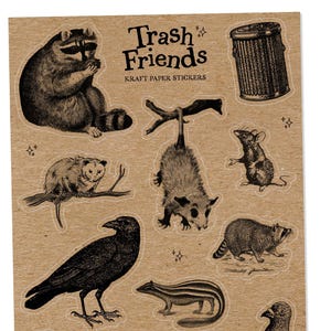 Trash Friends Vintage Sticker Sheet - Raccoon, Possum, Crow, Rat, Pigeon, Mouse, Skunk, Trash Can Kraft Paper Stickers (12 Stickers)