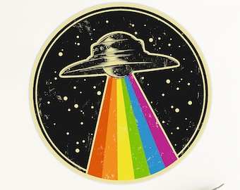 Queer UFO Sticker - Rainbow Pride LGBT Alien UFO Space Gay Vinyl Sticker - 3&quot; x 3&quot;