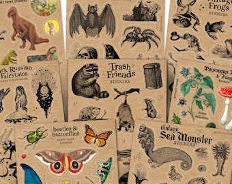 Mega Vintage Sticker Pack - Kraft Paper Stickers - 8 Sheets, 102 Stickers