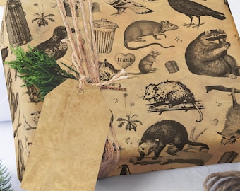 Trash Friends Wrapping Paper - Funny Vintage Opossum Rat Crow Cat Skunk & Mouse Gift Wrap - Flat Pack