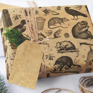 Trash Friends Wrapping Paper - Funny Vintage Opossum Rat Crow Cat Skunk & Mouse Gift Wrap - Flat Pack