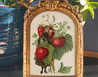 Strawberry Woman Framed Art - Vintage Botanical Print in Gold Arch Frame 7.5"