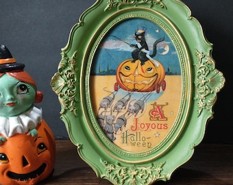 Halloween Decoration Framed Print - Weird Vintage Cat & Pumpkin Wall Art in Green Ornate Frame