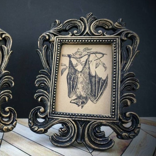 impression de chauve-souris vintage dans un cadre baroque - Art de chauve-souris suspendu antique encadré dans un cadre de volutes fantaisie