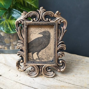 Vintage kraaienprint in barokke lijst - Vintage Corvid-kunst ingelijste spookachtige sepia-lijst met scrollwerk