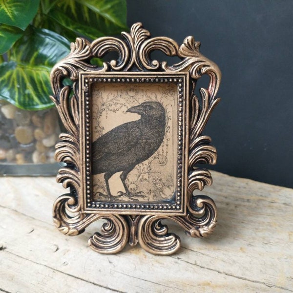 vintage Crow Print in Baroque Frame - vintage Corvid Art Framed Spooky Spooky Fancy Scrollwork Frame