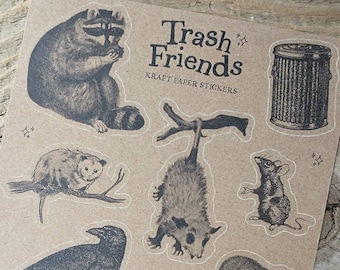 Trash Friends Vintage Sticker Sheet - Raccoon, Possum, Crow, Rat, Pigeon, Mouse, Skunk, Trash Can Kraft Paper Stickers (12 Stickers)