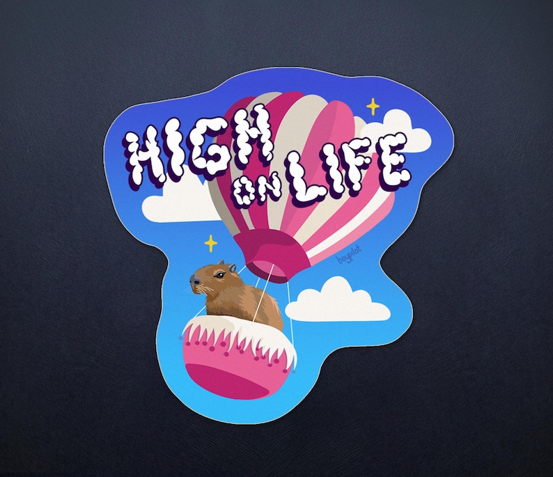 Capybara Sticker - High on Life Hot Air Balloon 3" Vinyl Sticker image 1