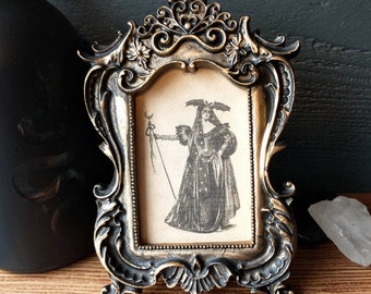 Vintage Goth Illustration in Baroque Frame - Antique Costumed Woman Art in Fancy Frame Curio