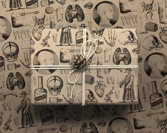 Vintage Medical Gift Wrap - Spooky Antique Nursing, Pharmacist, Plague Doctor, Skulls, Goth Wrapping Paper