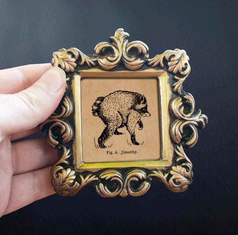 May include: A small square picture frame with an ornate, dark metallic gold finish featuring scrollwork details. Inside, a tan-colored print displays a black ink illustration of a furry creature and the text, Fig. A - Jimothy.