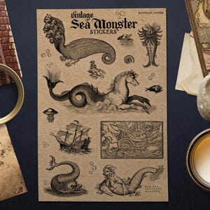 Pegatinas vintage de monstruos marinos: extrañas criaturas oceánicas en papel Kraft