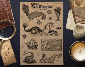 Pegatinas vintage de monstruos marinos: extrañas criaturas oceánicas en papel Kraft