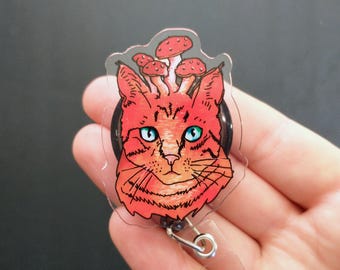 Mushroom Cat Retractable Badge Reel