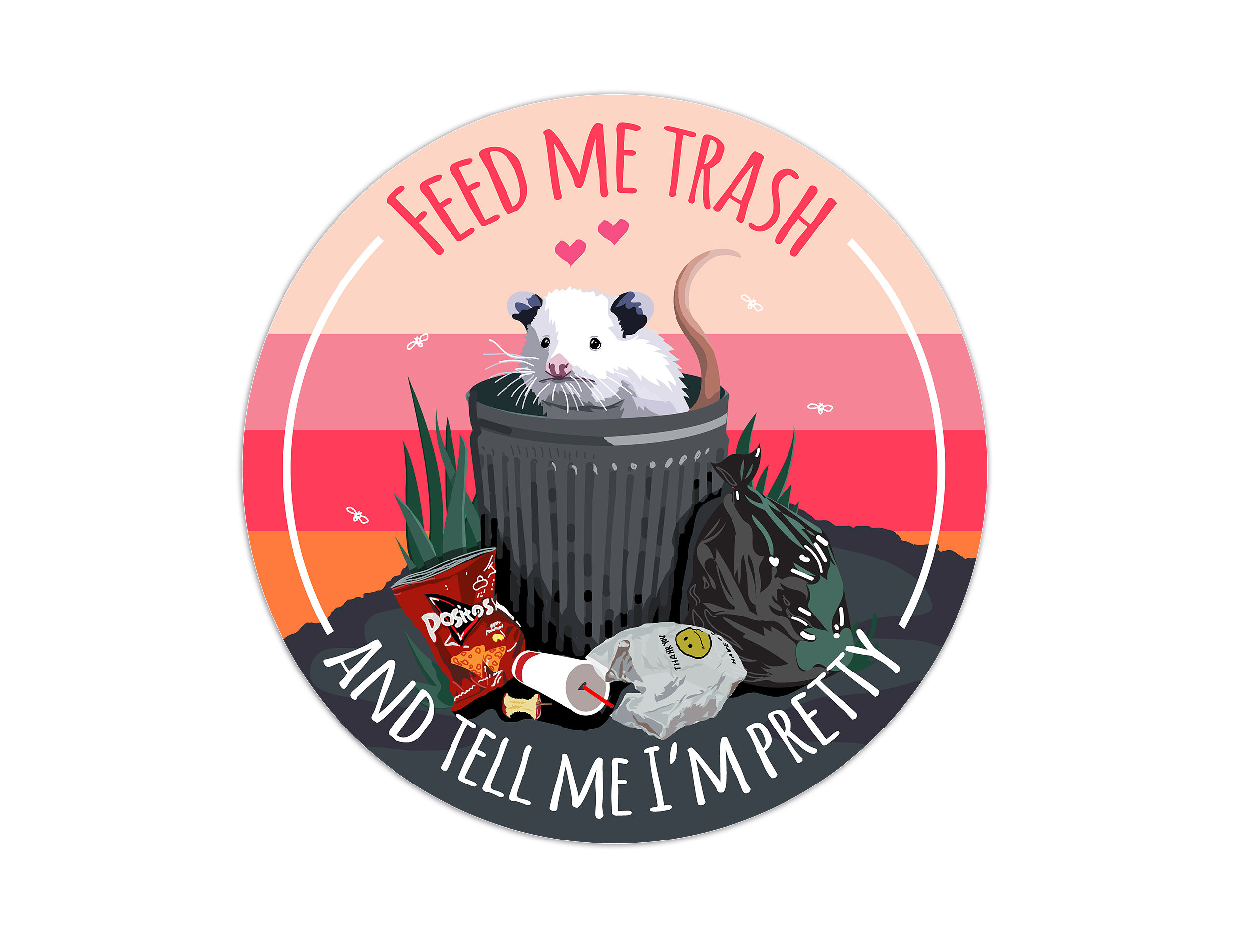 Possum Sticker 3" x 3" - Cute Albino Opossum in a trash can vinyl sticker