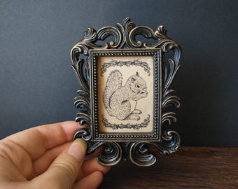 Sweet Squirrel Print in Baroque Frame - Mini Vintage-Style Woodland Cottagecore Framed Art