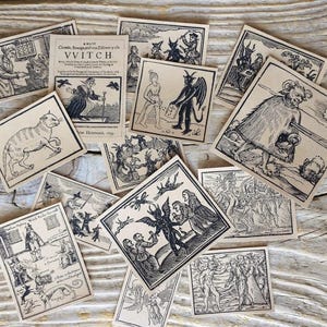 Witches & Devils Mittelalter Holzschnitt Aufkleber - 14 Aufkleber Set - Handgeschnittene Dämonen Aufkleber