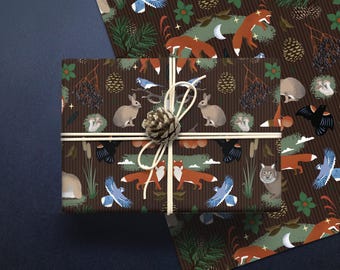 Woodland Gift Wrap - Fox Lynx Animals Nature Wrapping Paper - Flat Pack