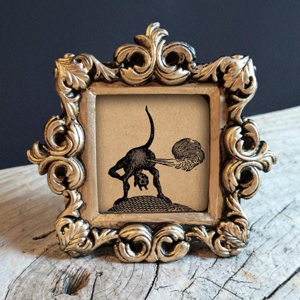 Demon Fart Print in Baroque Gold Frame - Antique Devil Woodcut Reproduction Print Framed