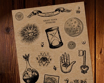 Alchemical Symbols Kraft Stickers - Alchemy Witchy Vintage Sticker Sheet Set