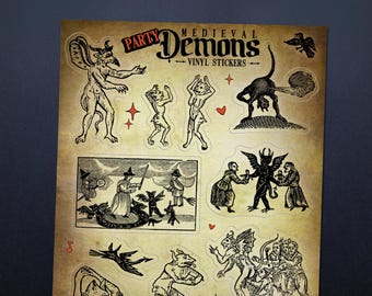 Party Demons Sticker Sheet - 12 Funny Medieval Devils Witch Whimsigoth Vinyl Stickers