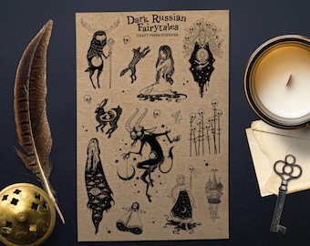 Hoja de pegatinas de cuentos de hadas rusos oscuros - Juego de pegatinas espeluznantes de brujas y fantasía
