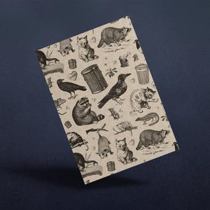 Cuaderno vintage "Amigos de la basura": Mapache, Zarigüeya, Cuervo y Rata. Libreta en blanco sin líneas de 12,7 x 18,8 cm.