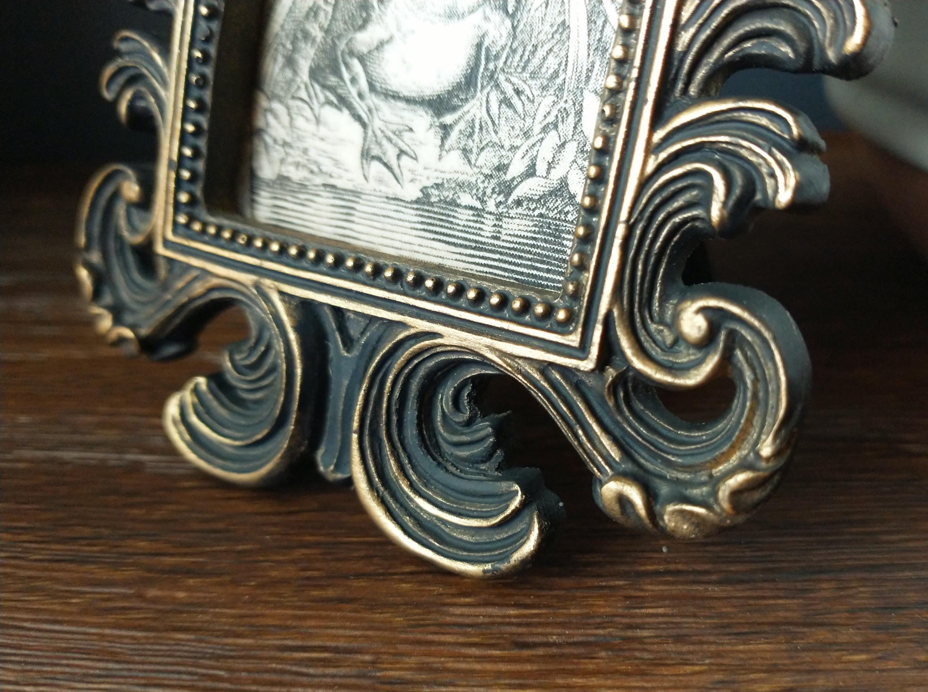 Vintage Happy Frog Print in Baroque Frame - Antique Funny Frog Art Framed In Rectangular Scrollwork Frame