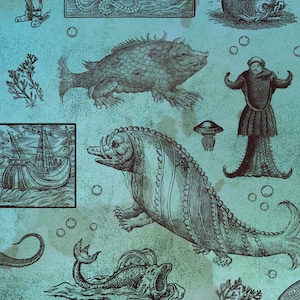 May include: A teal background with a repeating pattern of vintage illustrations of sea creatures, ships, and other nautical elements. The illustrations are in black and white, creating a classic, antique aesthetic.