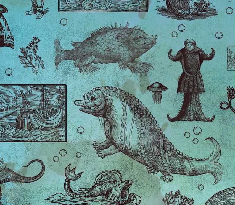 May include: A teal background with a repeating pattern of vintage illustrations of sea creatures, ships, and other nautical elements. The illustrations are in black and white, creating a classic, antique aesthetic.