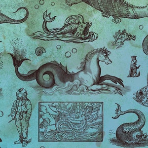 May include: An illustration featuring various sea creatures and nautical elements on a teal background. The design includes a seahorse, a diver in a vintage suit, and a ship being attacked by a sea serpent. Bubbles and other marine life are also present.