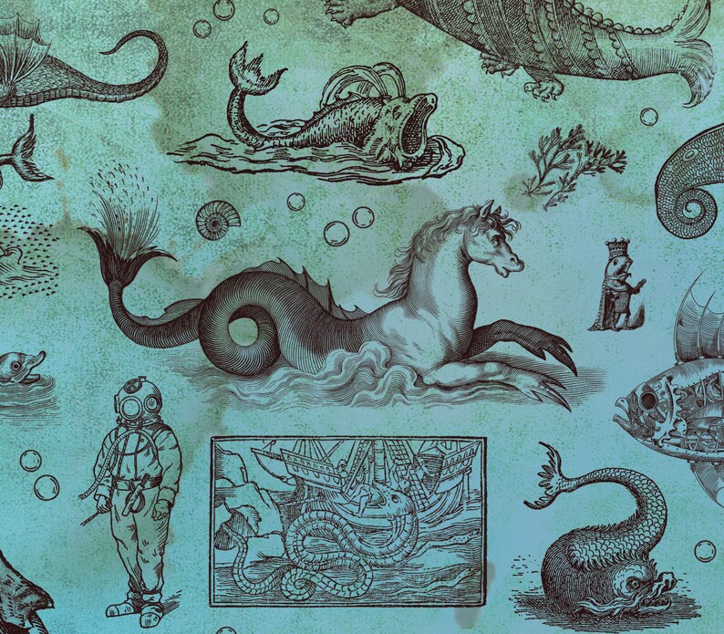 May include: An illustration featuring various sea creatures and nautical elements on a teal background. The design includes a seahorse, a diver in a vintage suit, and a ship being attacked by a sea serpent. Bubbles and other marine life are also present.